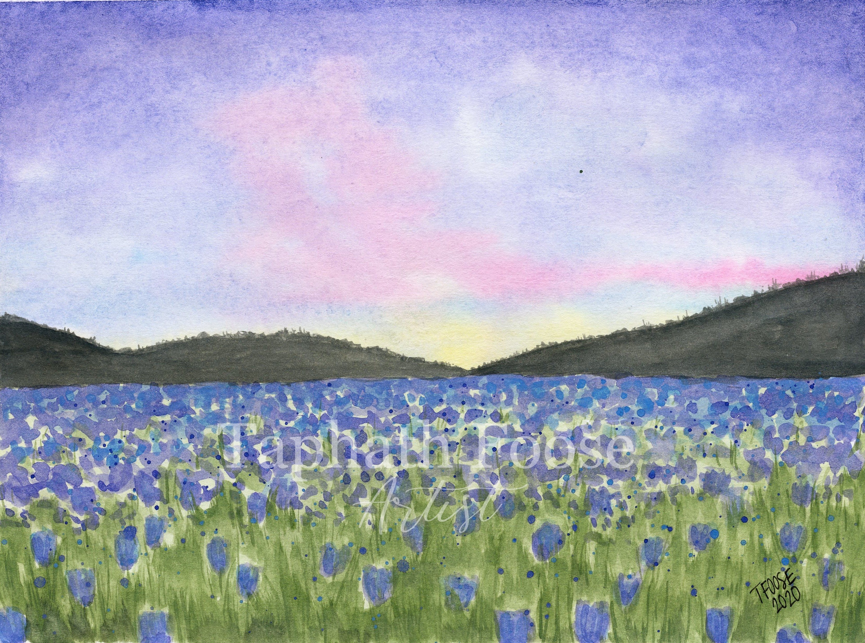 Blue Field of Flowers at Dusk - Image 1