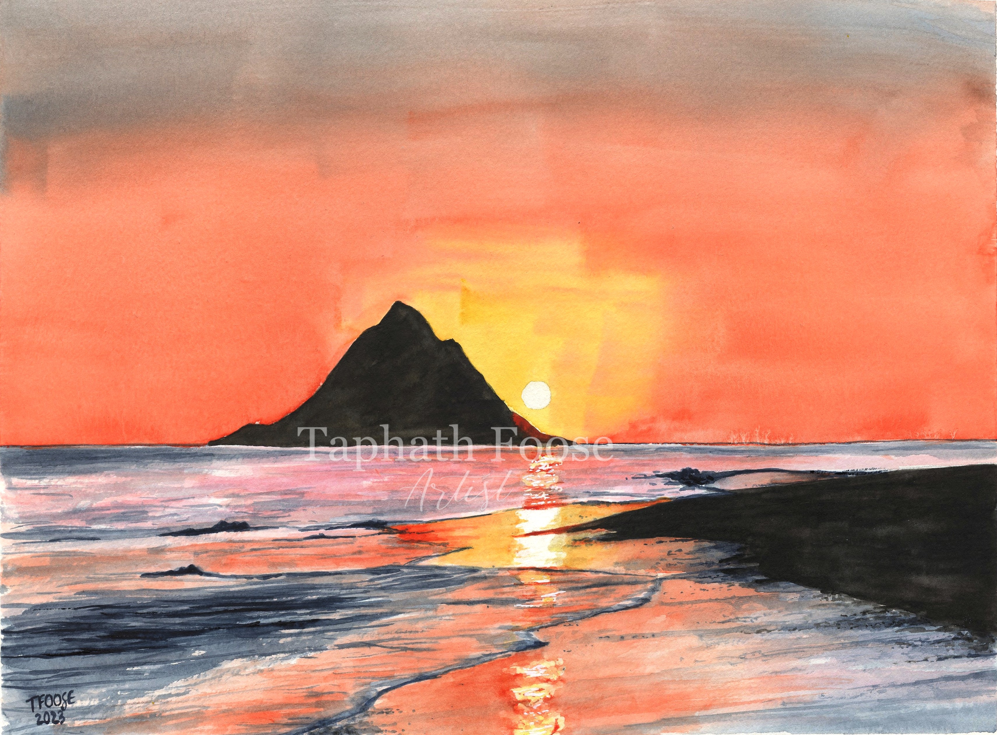 Orange Sunset in Watercolor - Image 1