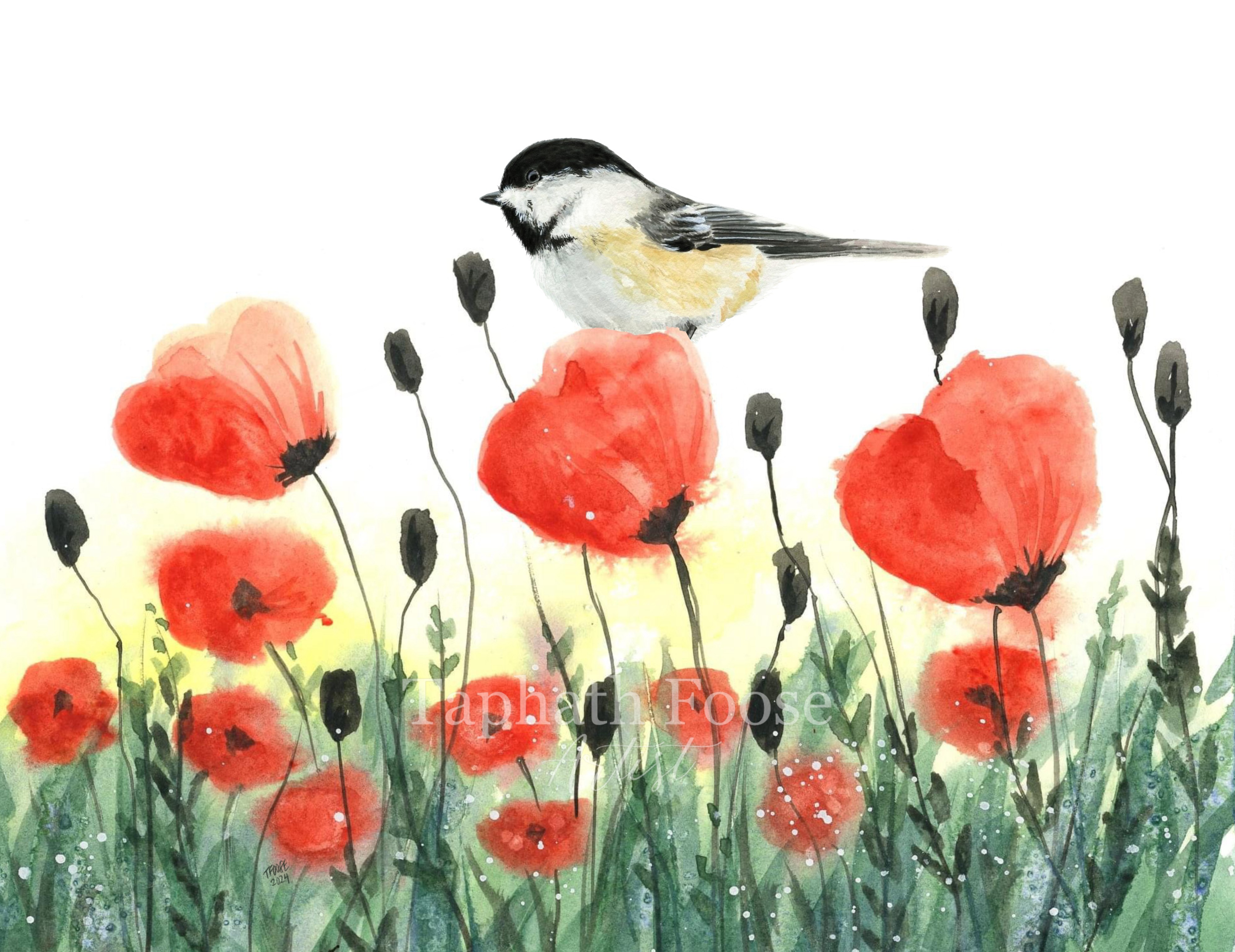 Chickadee on Poppies - Image 1