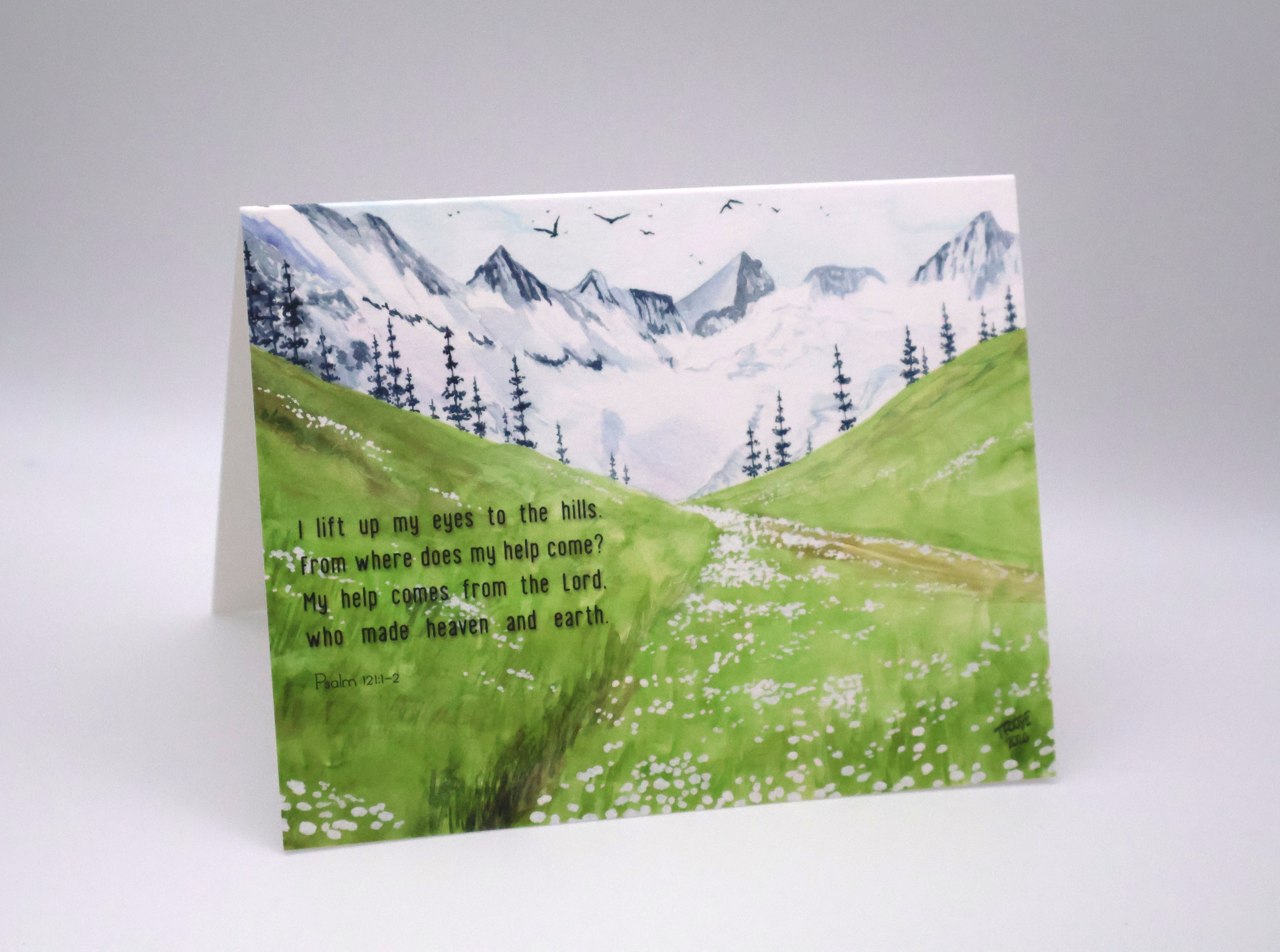 Mountains and White Wildflowers Greeting Card - Image 1