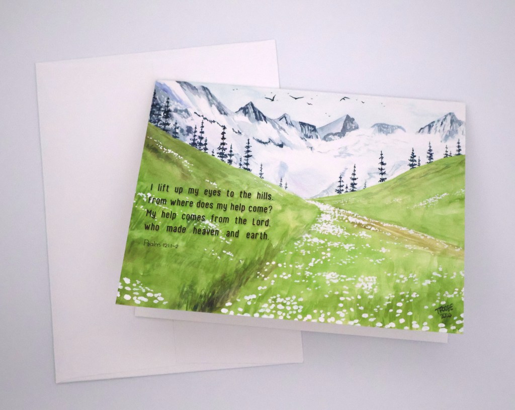 Mountains and White Wildflowers Greeting Card