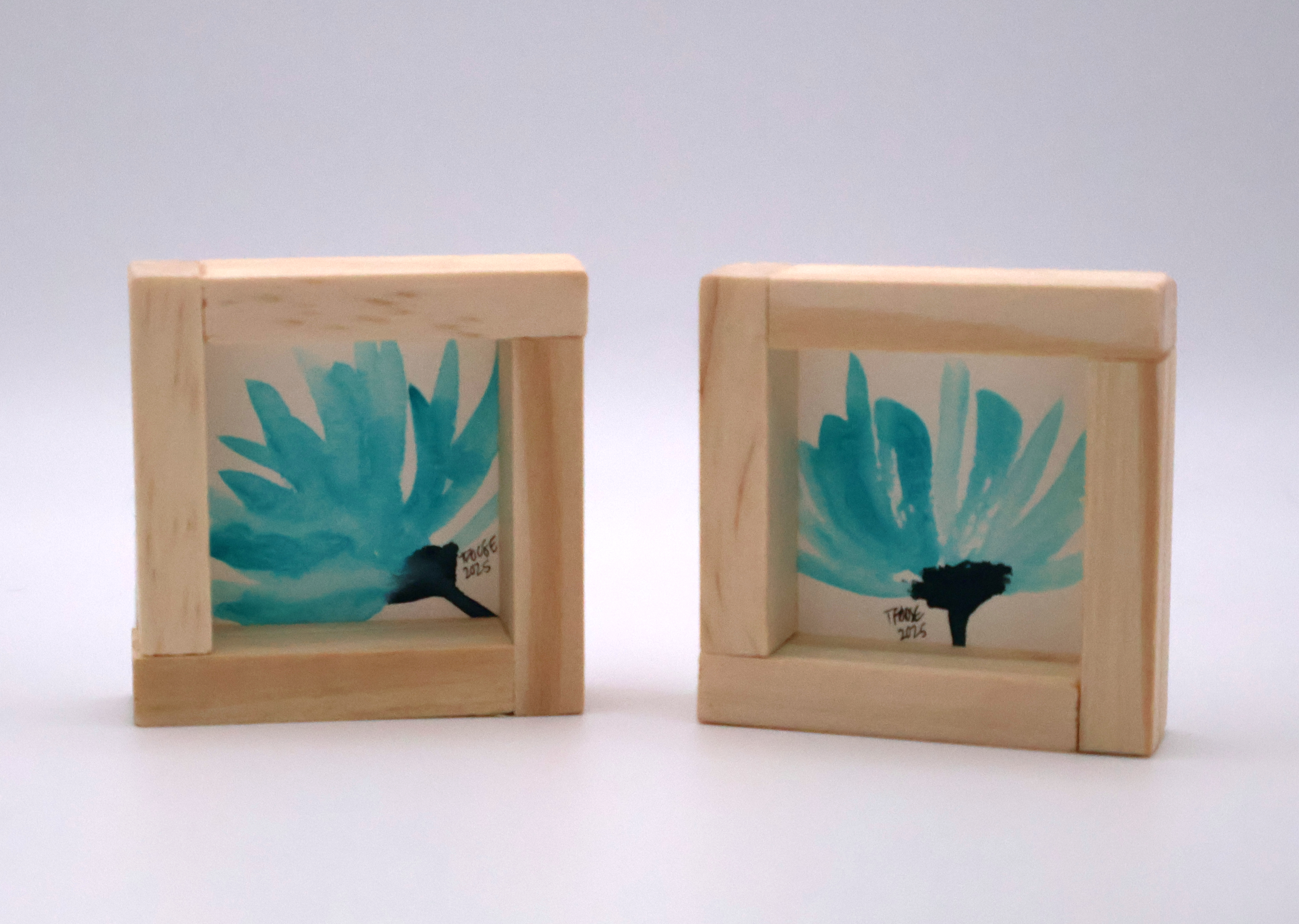 Teal Flower Blue Stem Semi-Abstract Mini Paintings - Image 2