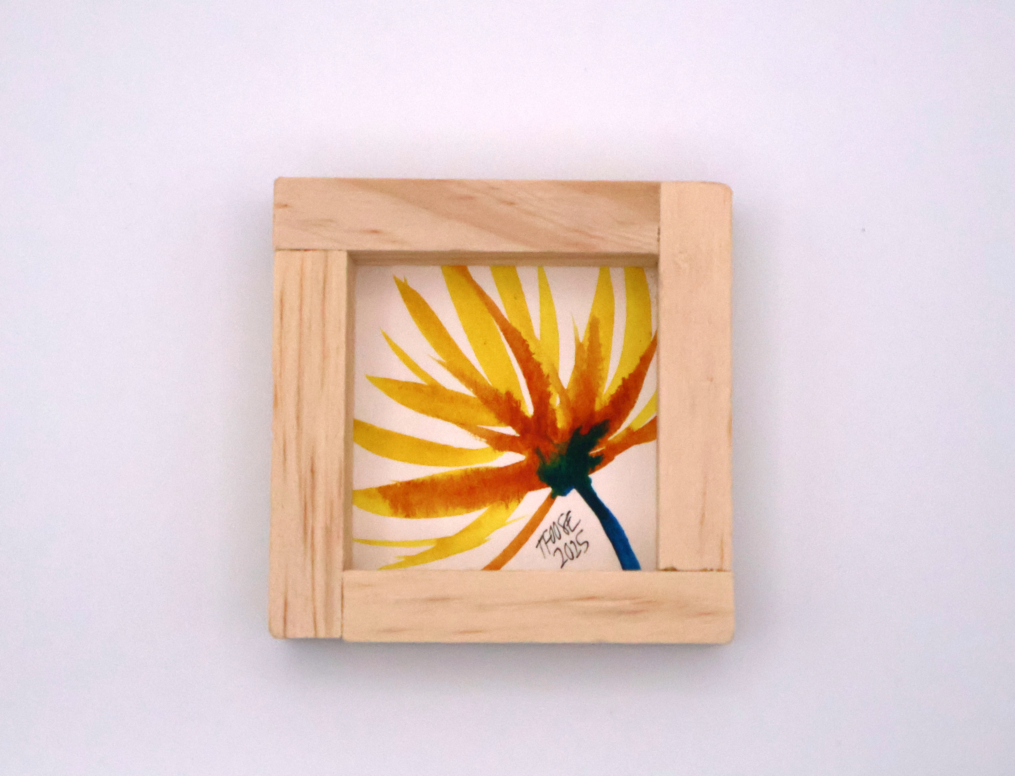 Yellow Flower Blue Stem Semi-Abstract Mini Painting - Image 1