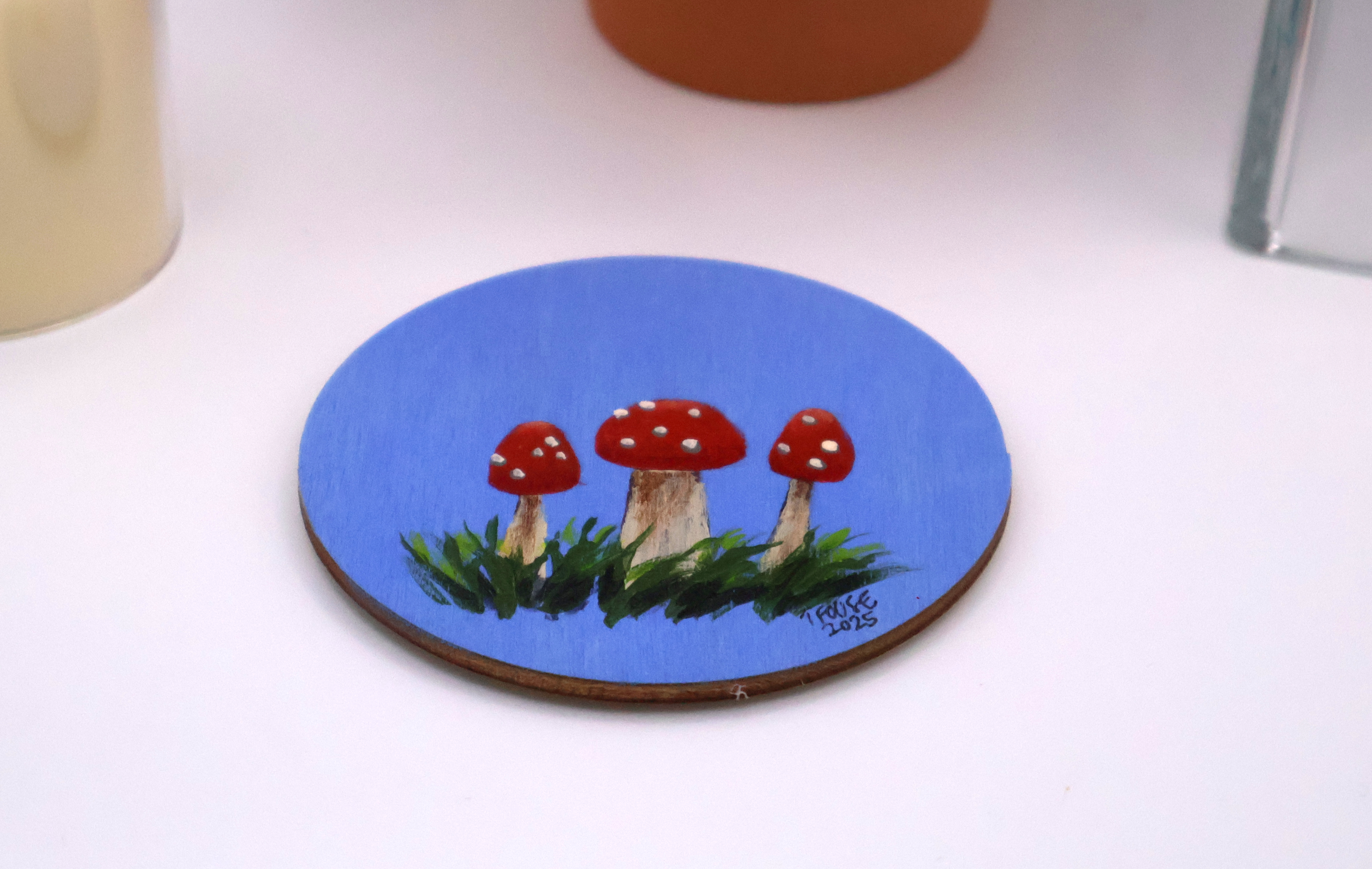 Handcrafted Wooden Mushroom Magnet - BLU1 - Image 2