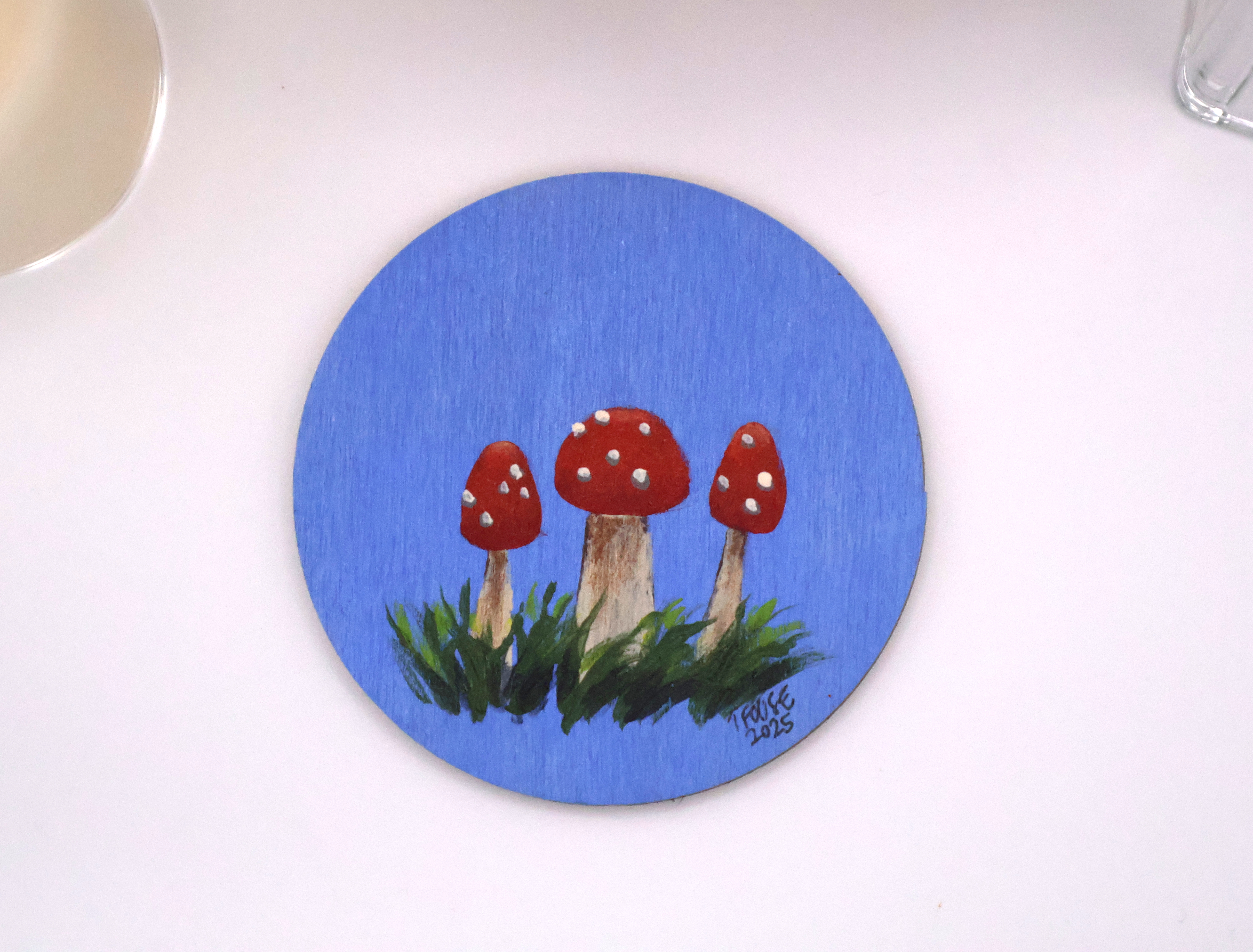 Handcrafted Wooden Mushroom Magnet - BLU1 - Image 1